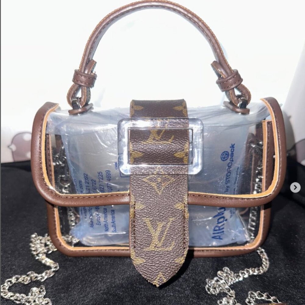 UPCYCLED Designer Brown L V Stadium Approved Clear 2 in 1 Top Handle/Crossbody